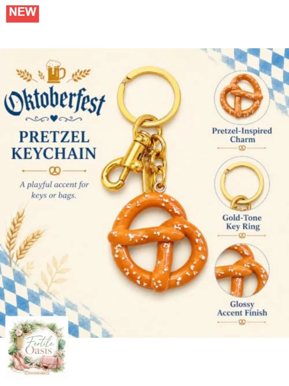 Pretzel Gold Keychain Bag Charm Oktoberfest Purse Ornament